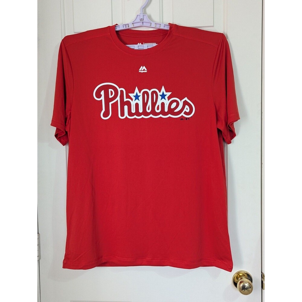 NEW Majestic MLB Phillies T Shirt Adult XL Red S/S Lightweight Stretch Cool Base